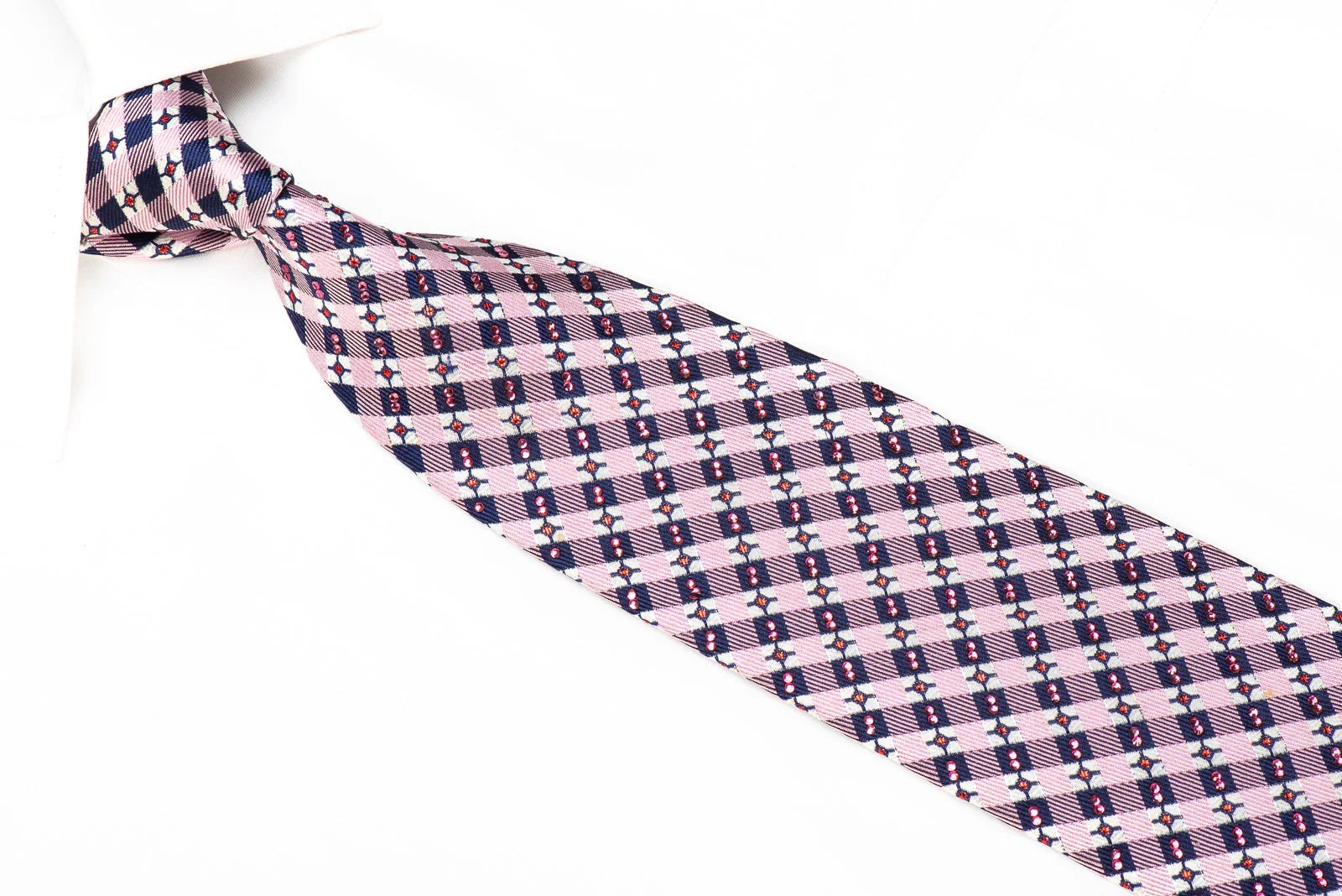Daks Mens' Silk Crystal Necktie Pink Navy Checkered With red Sparkles - Image 2