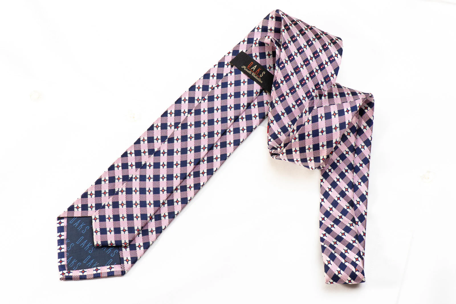 Daks Mens' Silk Crystal Necktie Pink Navy Checkered With red Sparkles - Image 4