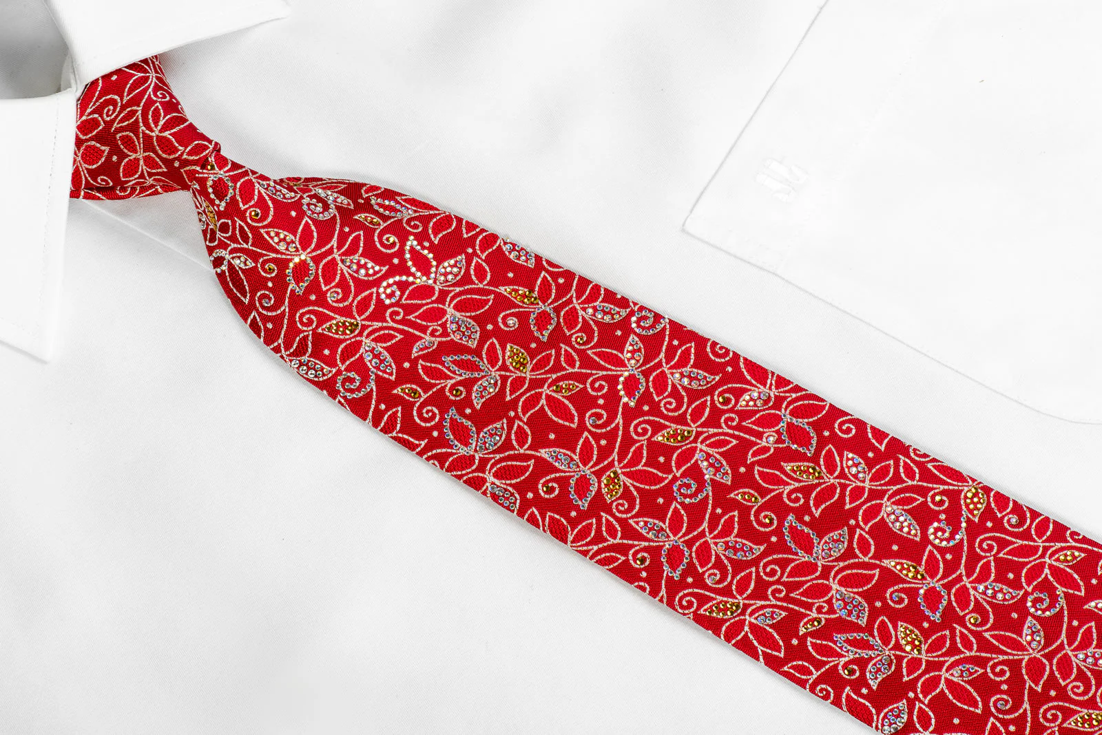 Mens Silk Rhinestone Necktie Silver Floral Scrolls On Red - Image 2