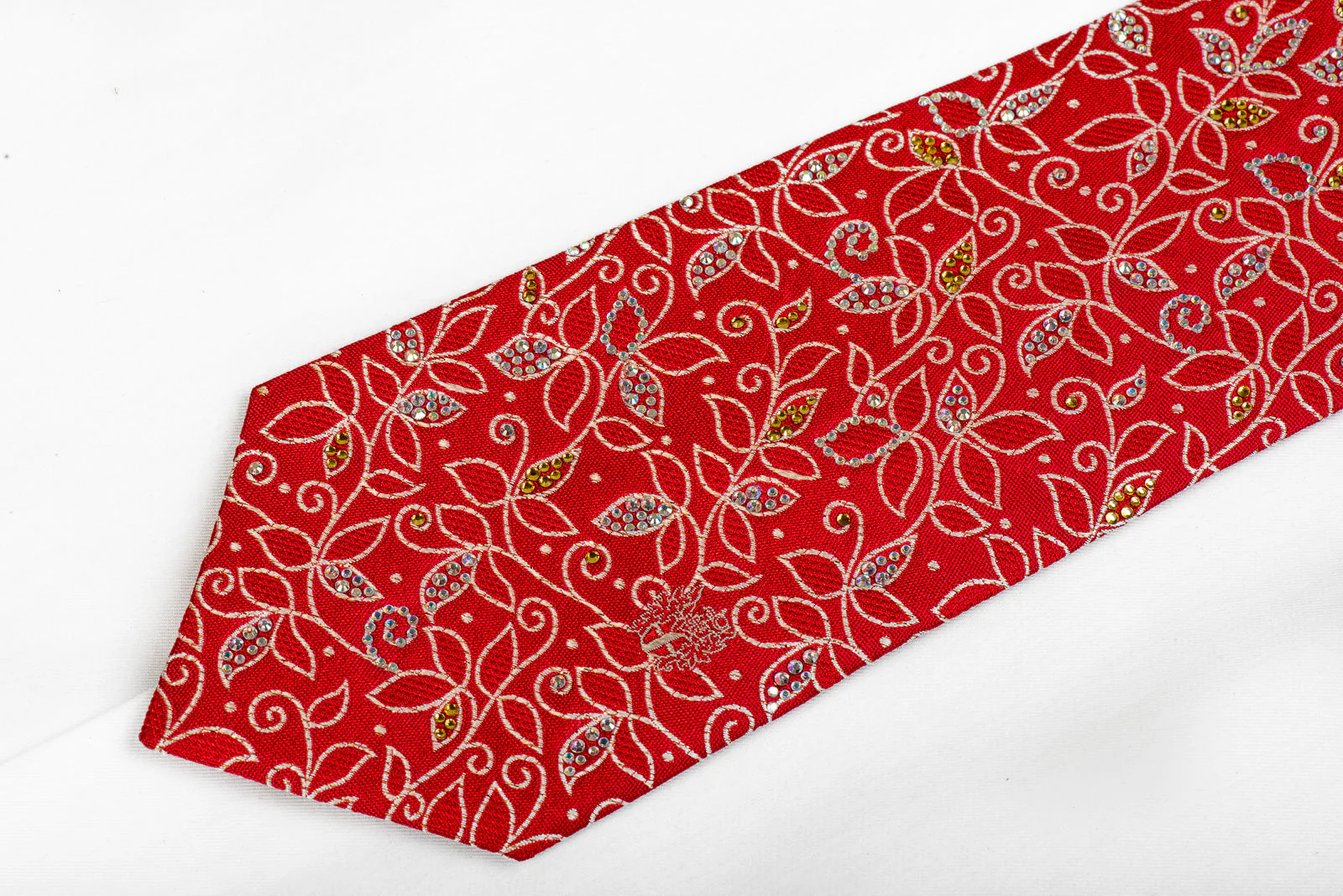 Mens Silk Rhinestone Necktie Silver Floral Scrolls On Red - Image 3