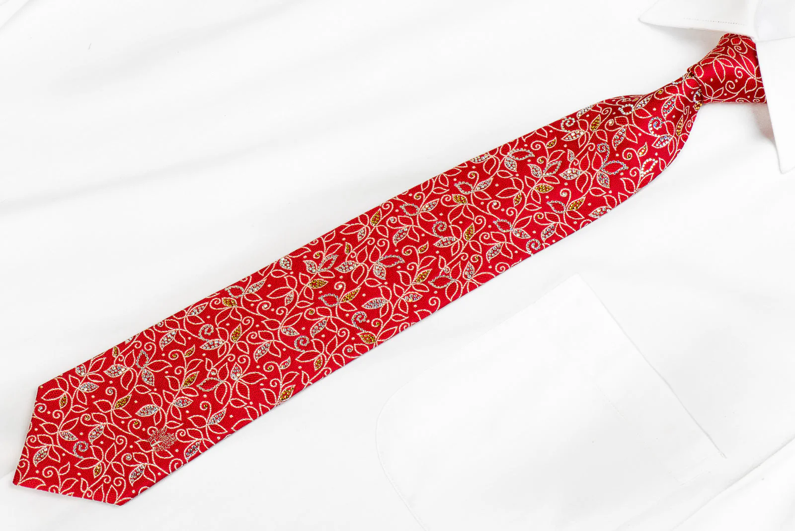 Mens Silk Rhinestone Necktie Silver Floral Scrolls On Red - Image 4