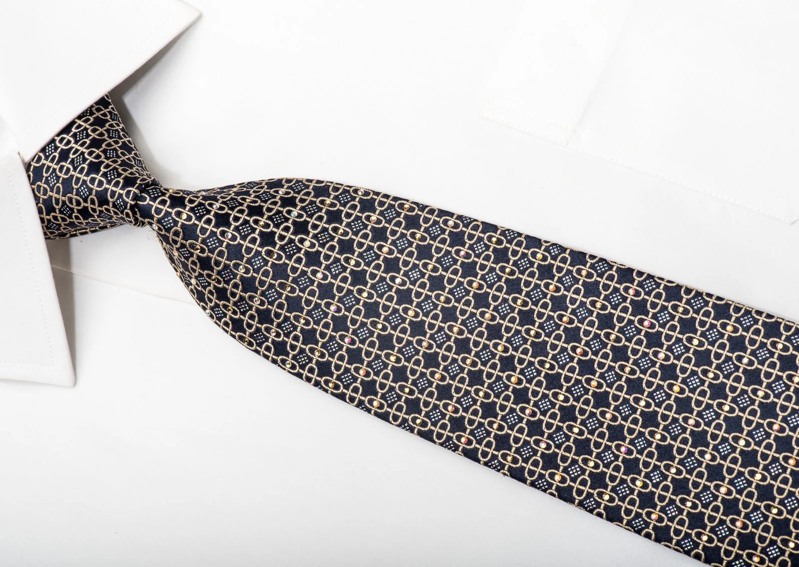 Silk Tie Gold Interlocking Chains On Navy Blue Sparkling With Rhinestones - Image 3