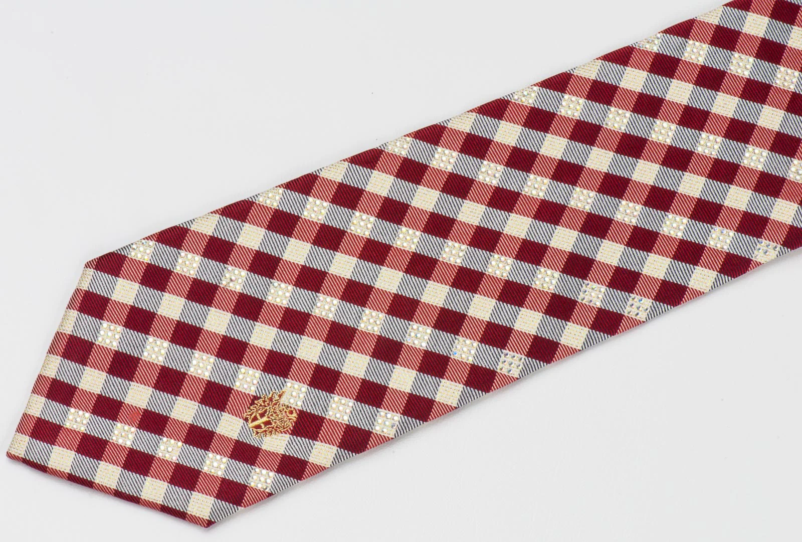 Burgundy Silver Plaid Mens Woven Silk Necktie With Rhinestones - Image 3