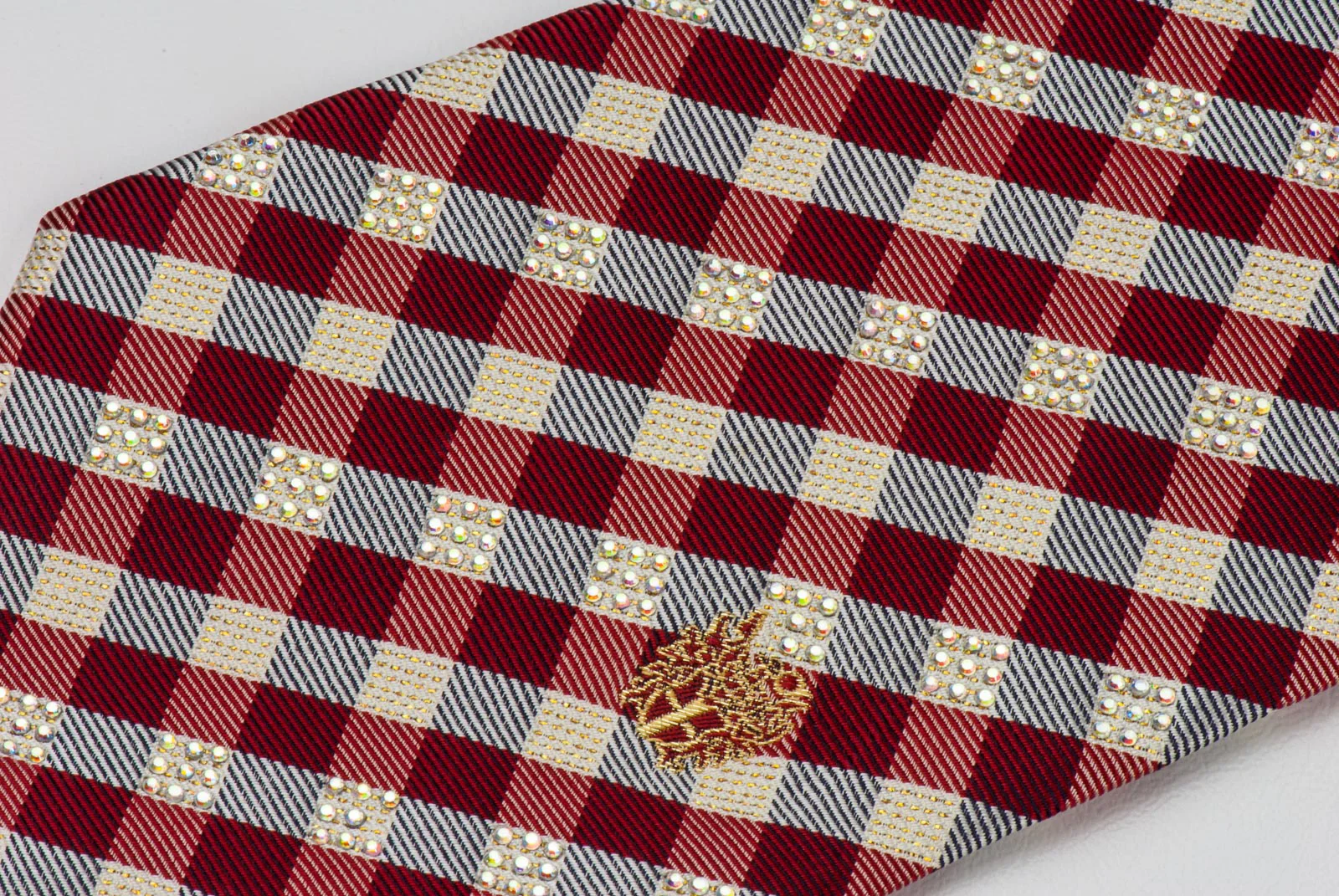 Burgundy Silver Plaid Mens Woven Silk Necktie With Rhinestones - Image 7