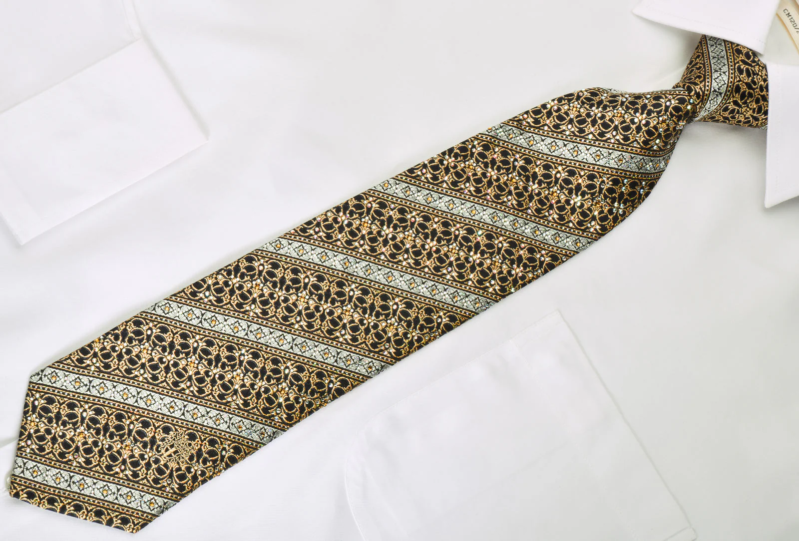Silver Gold Striped On Black Rhinestone Silk Bling Necktie With Gold Sparkles - Image 3