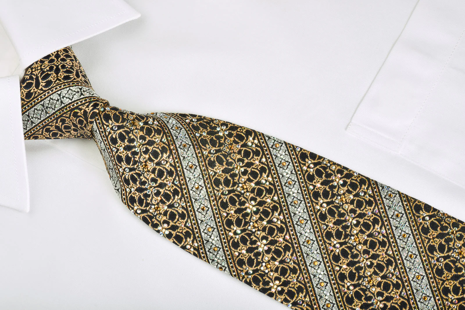 Silver Gold Striped On Black Rhinestone Silk Bling Necktie With Gold Sparkles - Image 7