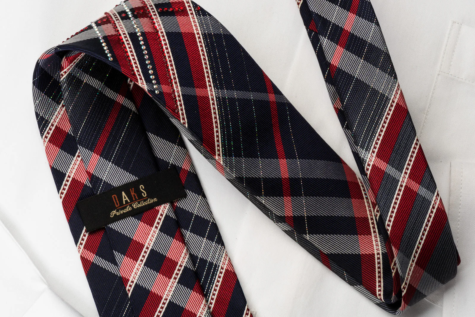 Daks Rhinestone Necktie Navy Red Plaids With Silver Sparkles - Image 5