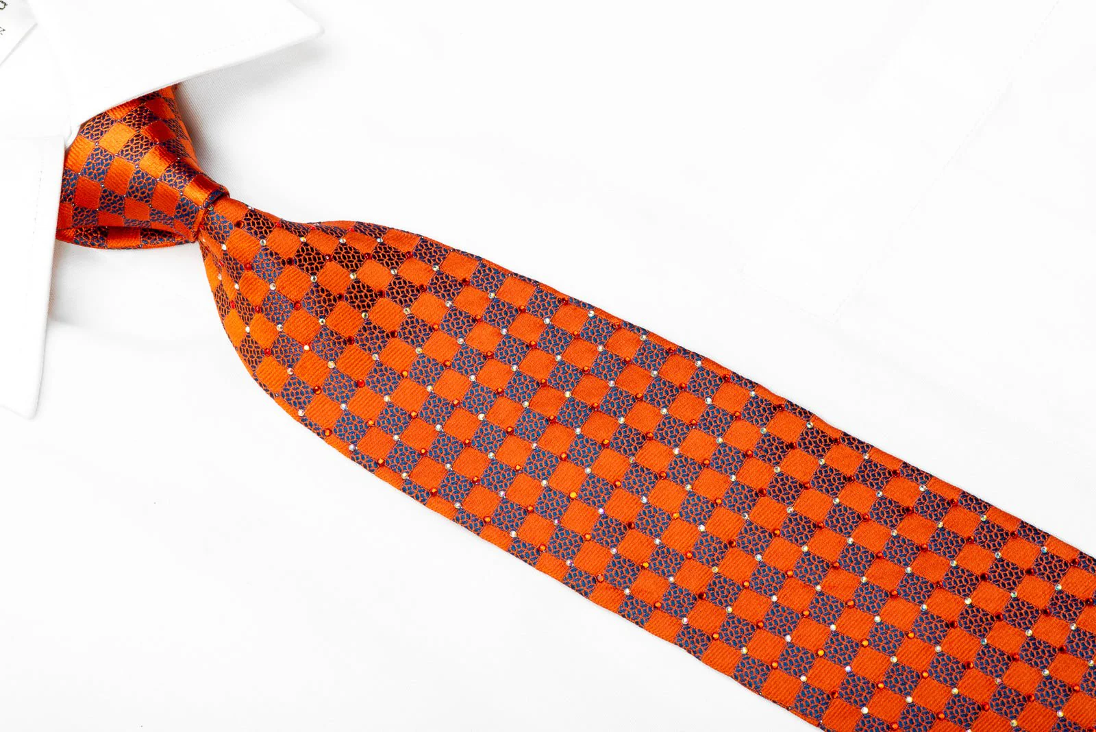 Daks Blue Orange Checkered With Sparkles Rhinestone Necktie - Image 2