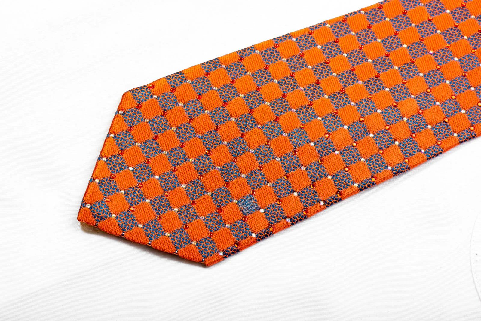 Daks Blue Orange Checkered With Sparkles Rhinestone Necktie - Image 3