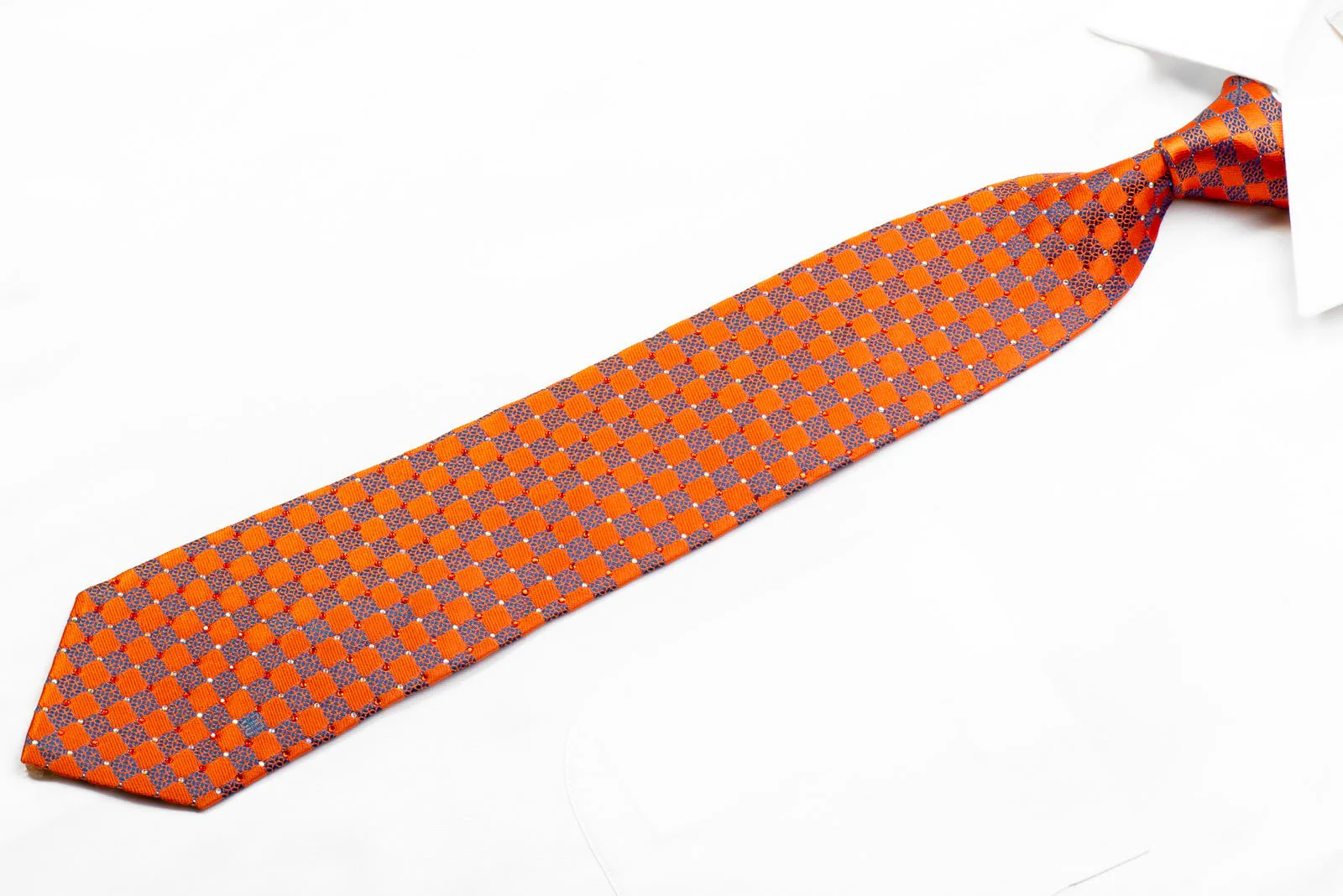 Daks Blue Orange Checkered With Sparkles Rhinestone Necktie - Image 4