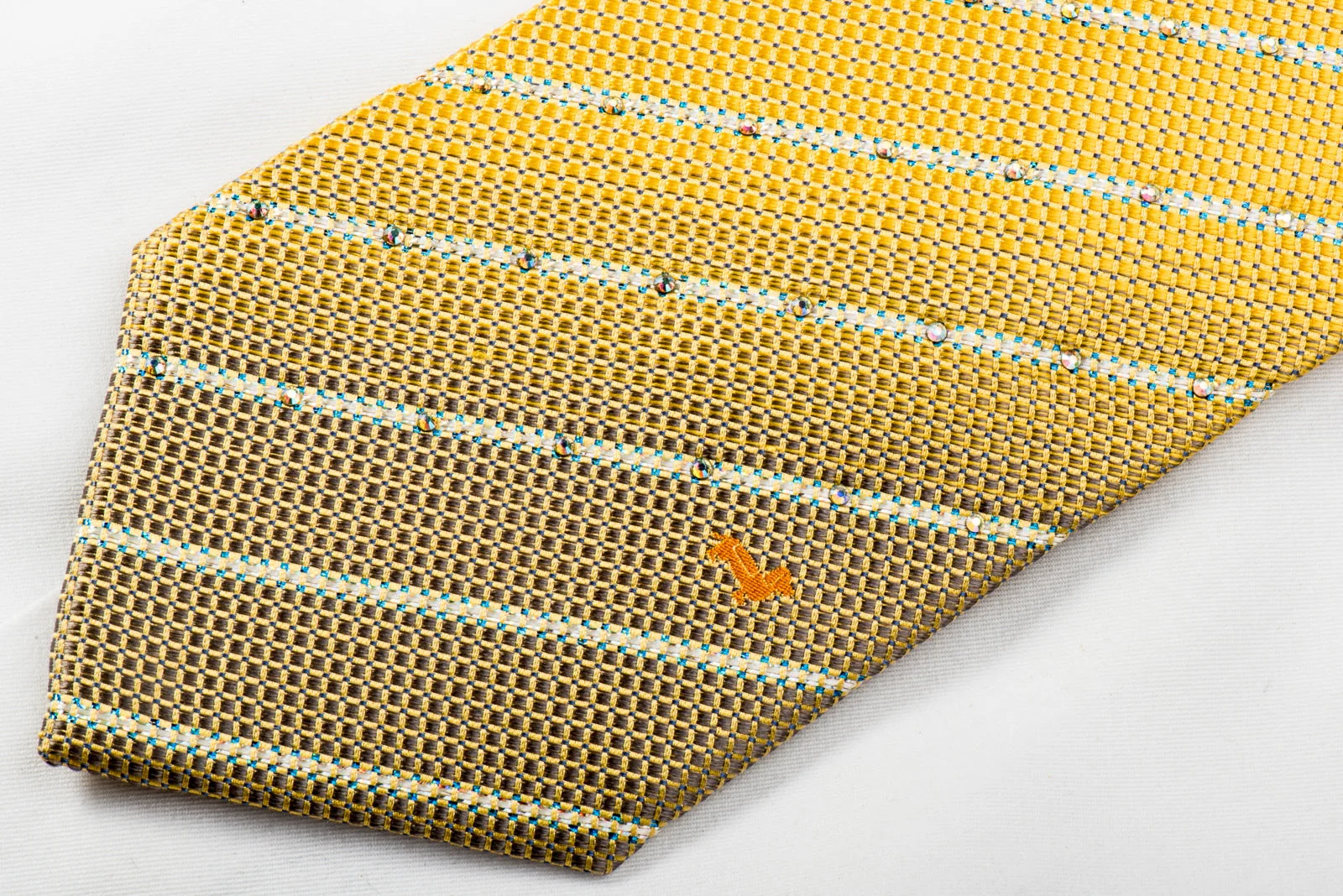 Daks Mens Rhinestone Necktie Stripes On Yellow Silk With Blue Sparkles - Image 5
