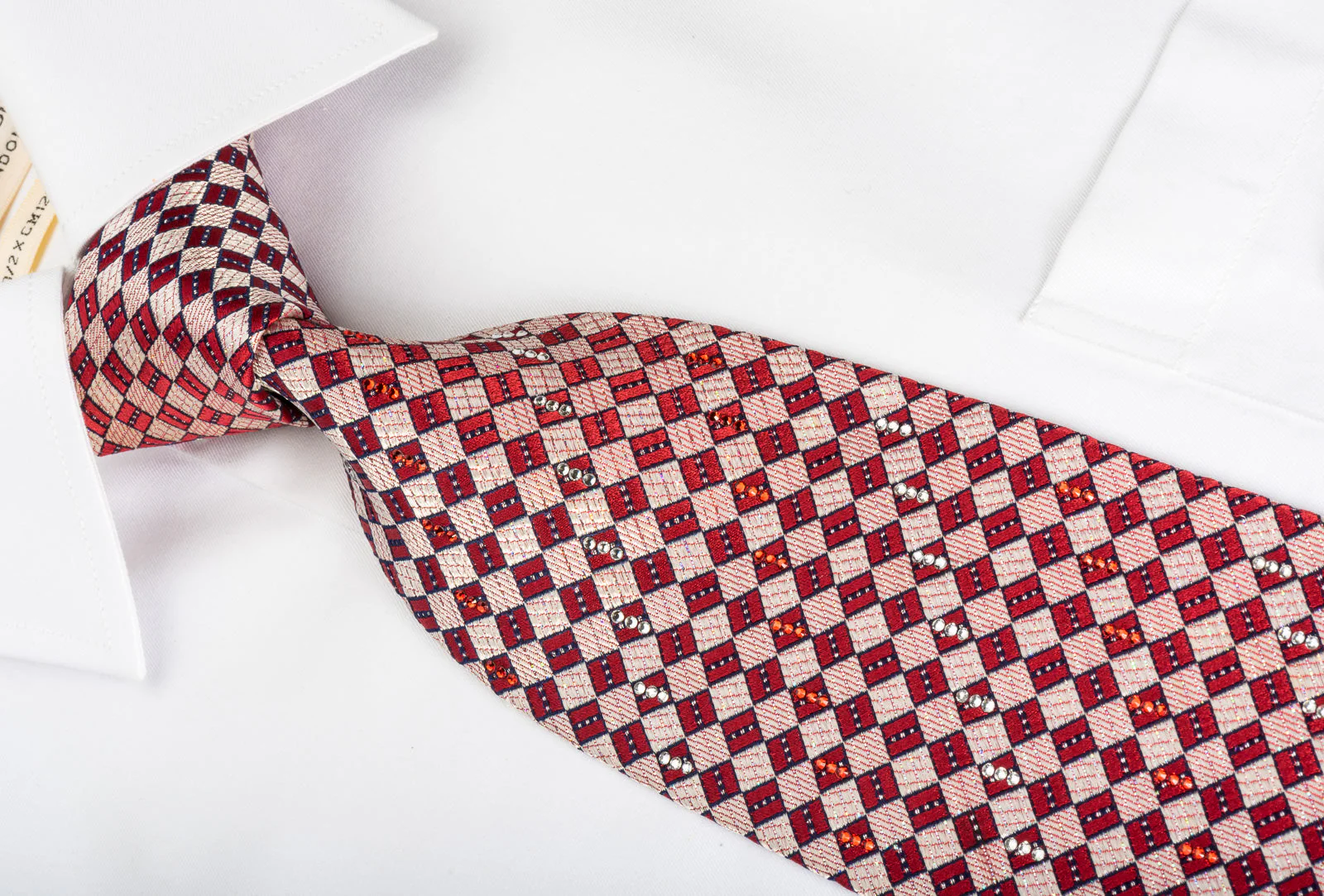Rhinestone Silk Necktie Burgundy Silver Checkered With Silver Sparkles - Image 3