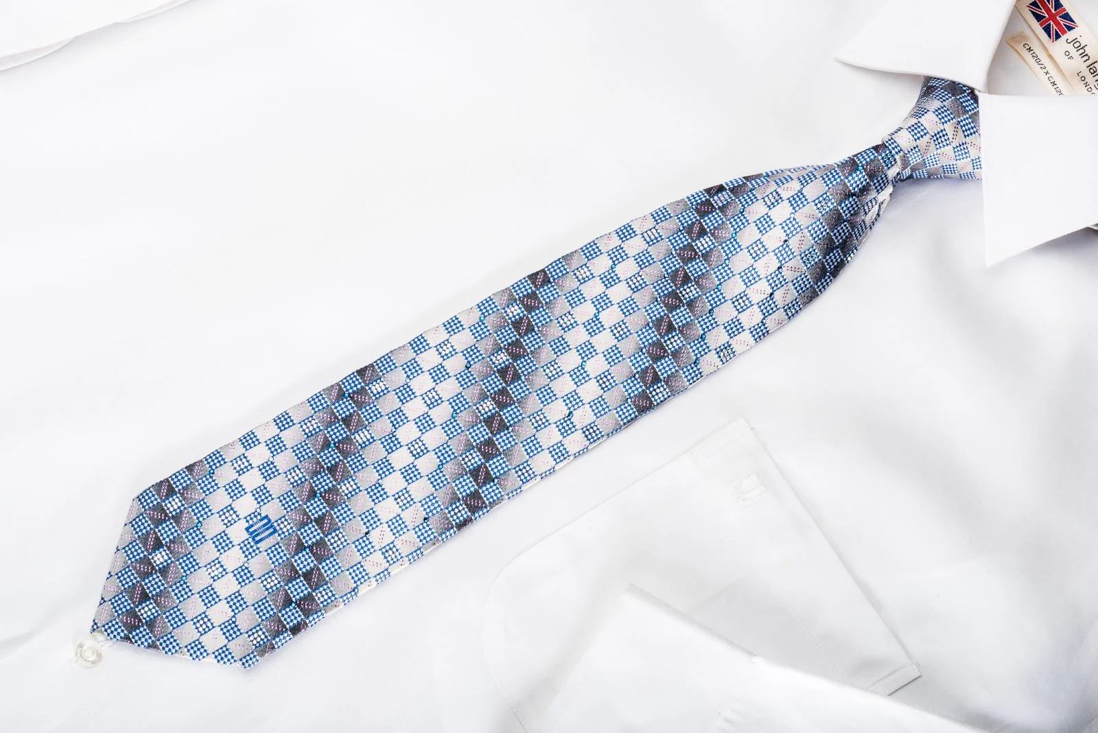 Daks Rhinestone Silk Necktie Blue Checker On Silver With Gold Sparkles - Image 3