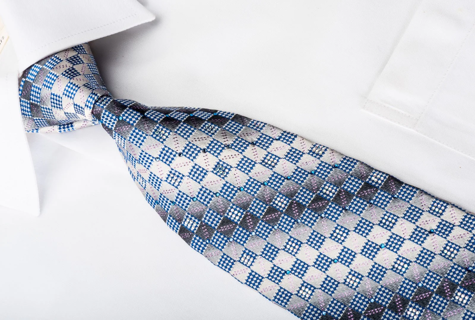 Daks Rhinestone Silk Necktie Blue Checker On Silver With Gold Sparkles - Image 4