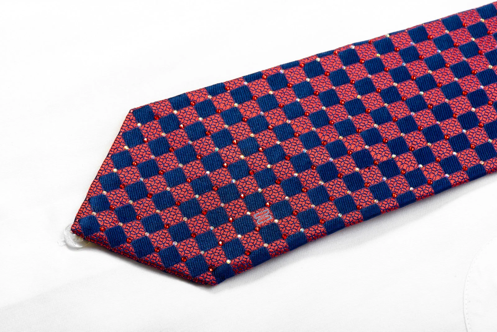 Daks Burgundy & Blue Checkered Rhinestone Silk Necktie - Image 3