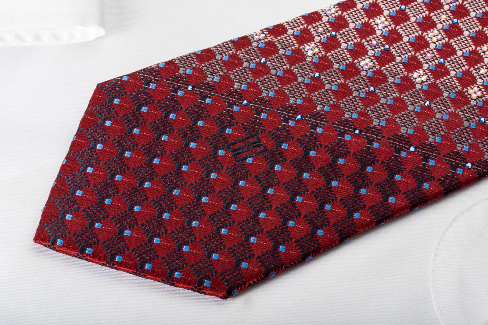 Daks Rhinestone Silk Necktie Checkered On Burgundy With Red Sparkles - Image 6