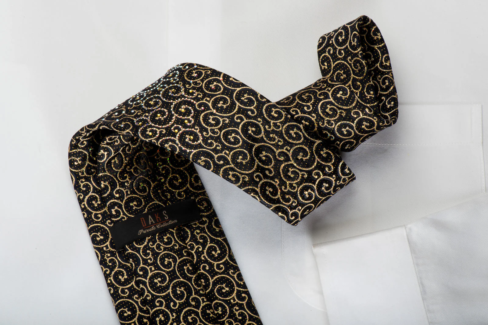 Golden Scrolls On Black Rhinestone Silk Necktie With Gold Sparkles - Image 4