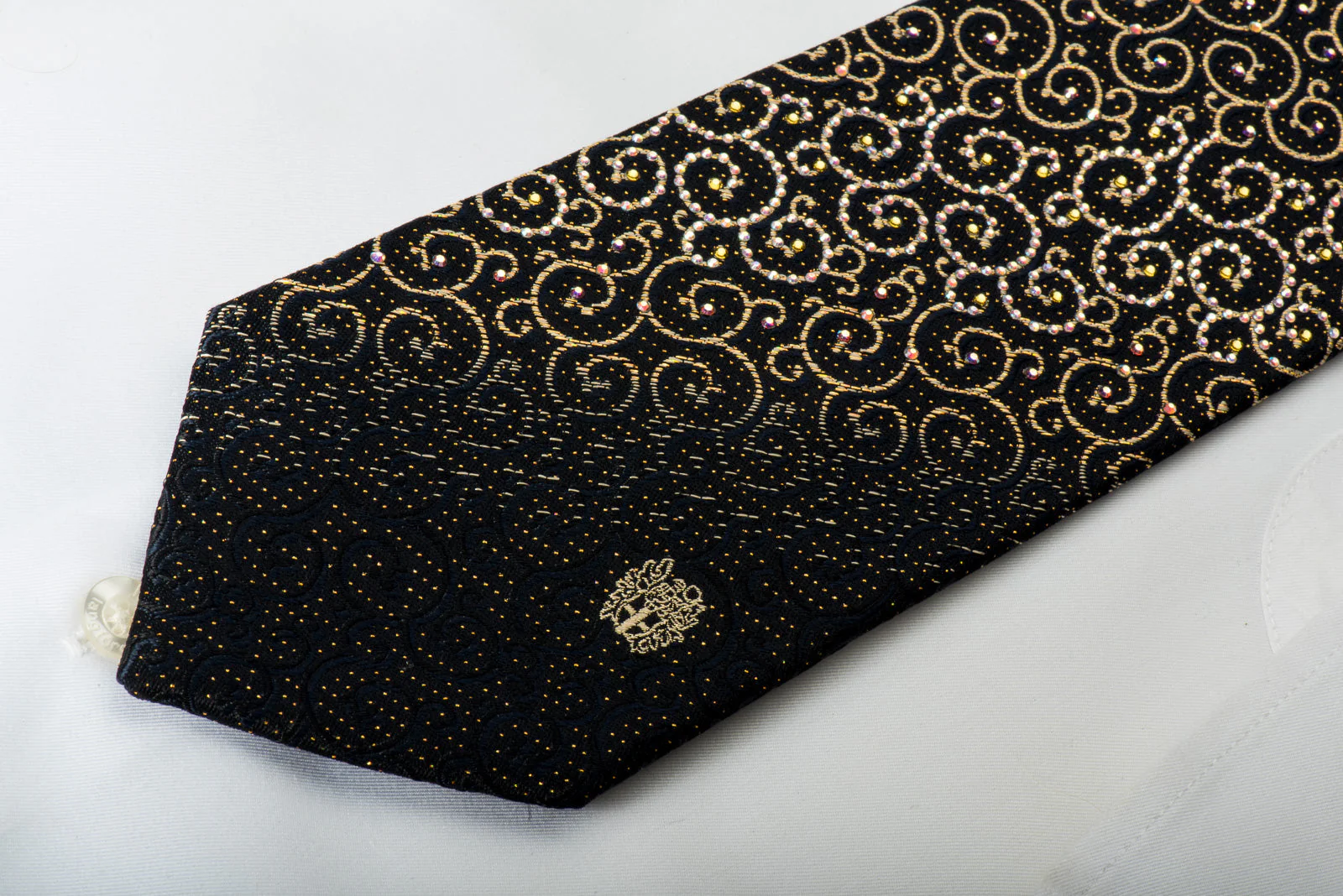 Golden Scrolls On Black Rhinestone Silk Necktie With Gold Sparkles - Image 5