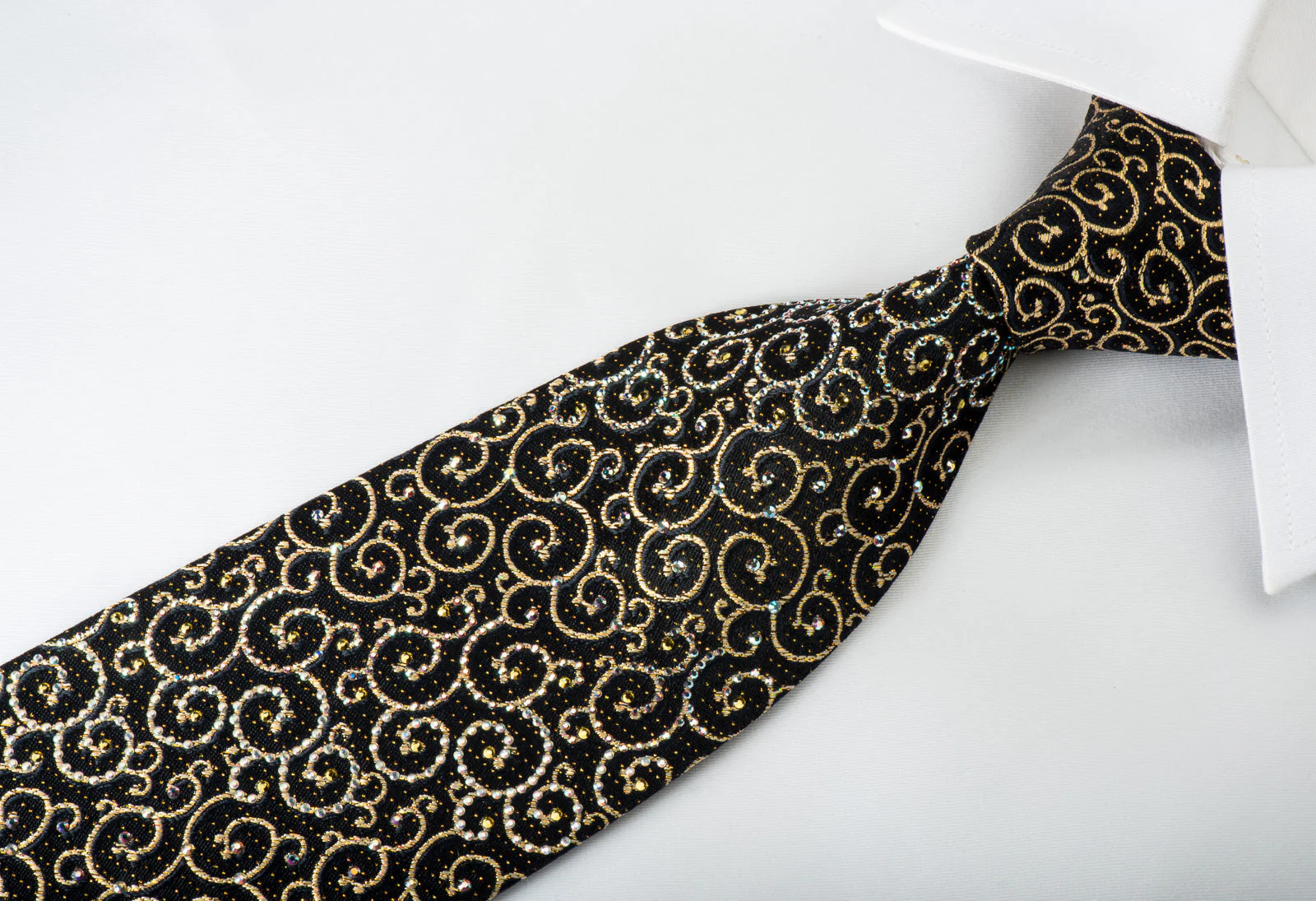Golden Scrolls On Black Rhinestone Silk Necktie With Gold Sparkles - Image 6