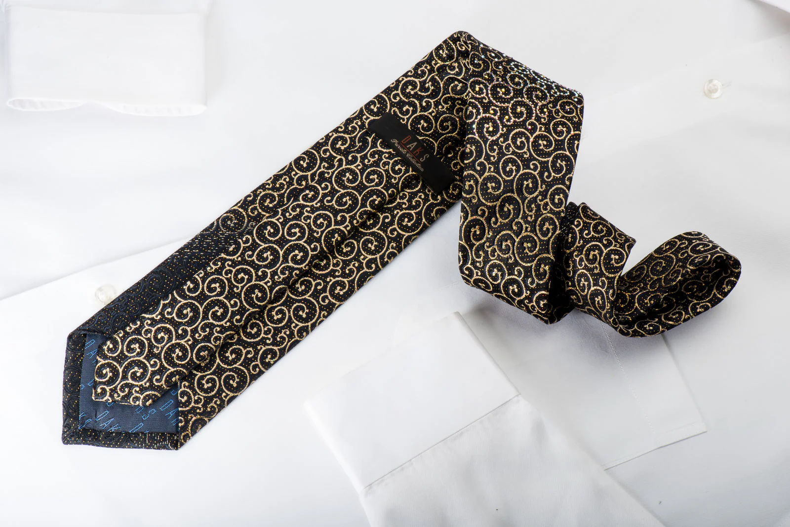 Golden Scrolls On Black Rhinestone Silk Necktie With Gold Sparkles - Image 7