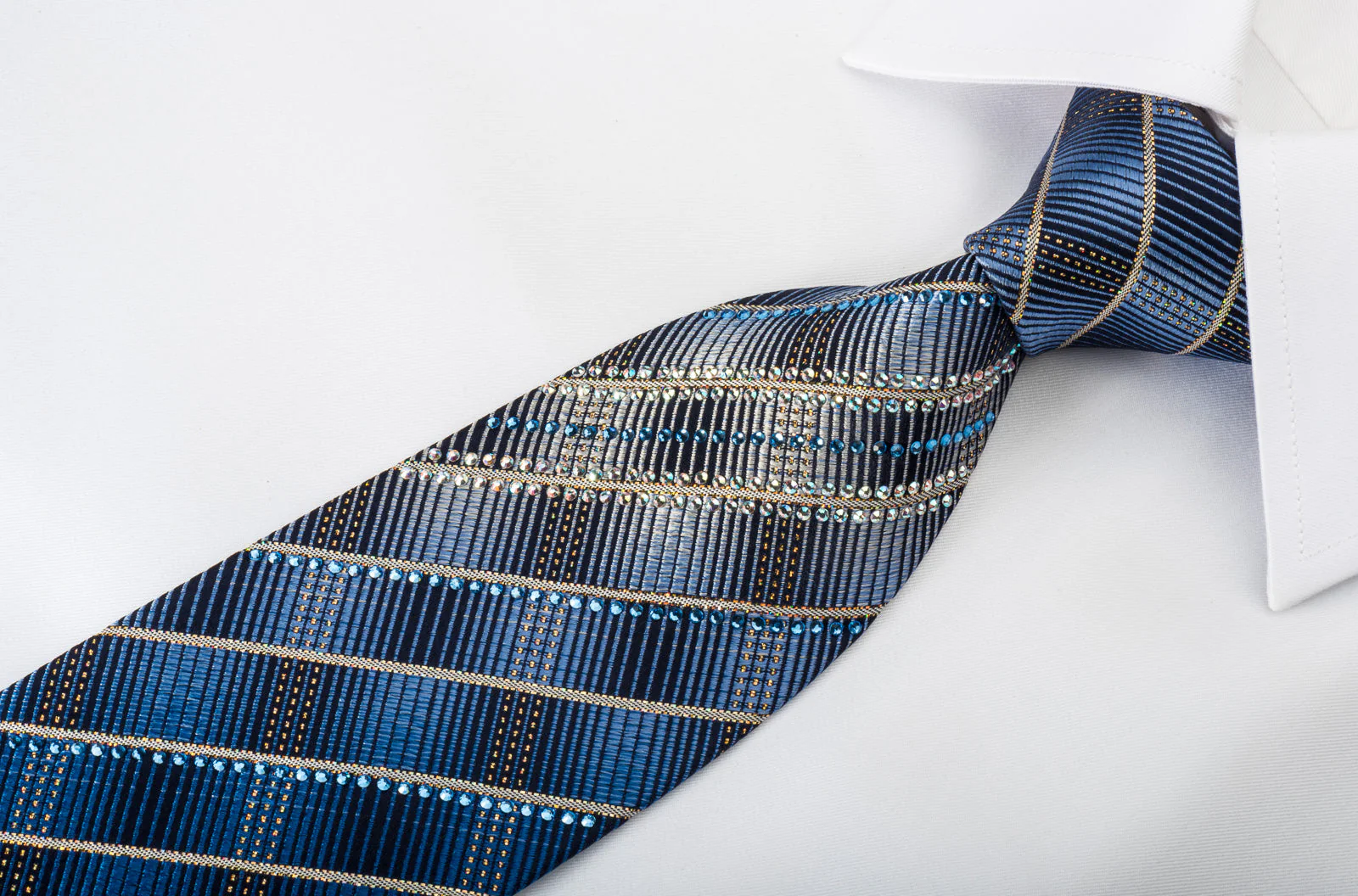 Daks Rhinestone Silk Necktie Golden Stripes On Blue With Gold Sparkles - Image 3