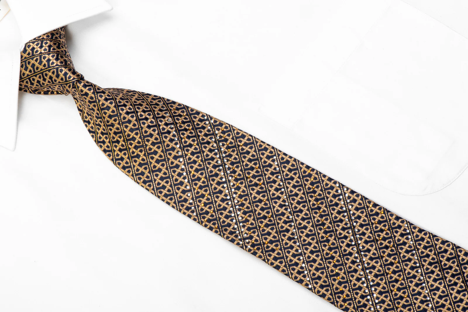 Rhinestone Silk Necktie Golden Trellis On Navy With Gold Sparkles - Image 2