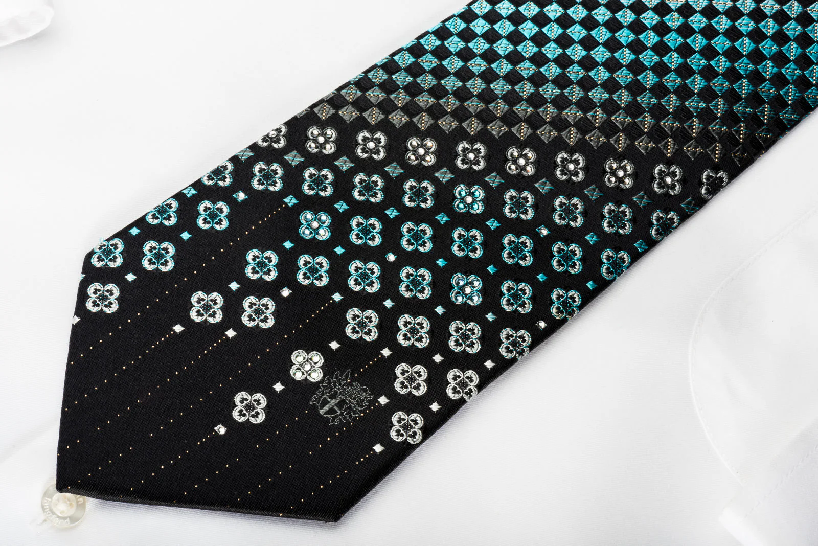 Daks Rhinestone Silk Necktie Paisley Floral Checker On Blue With Silver Sparkles - Image 2