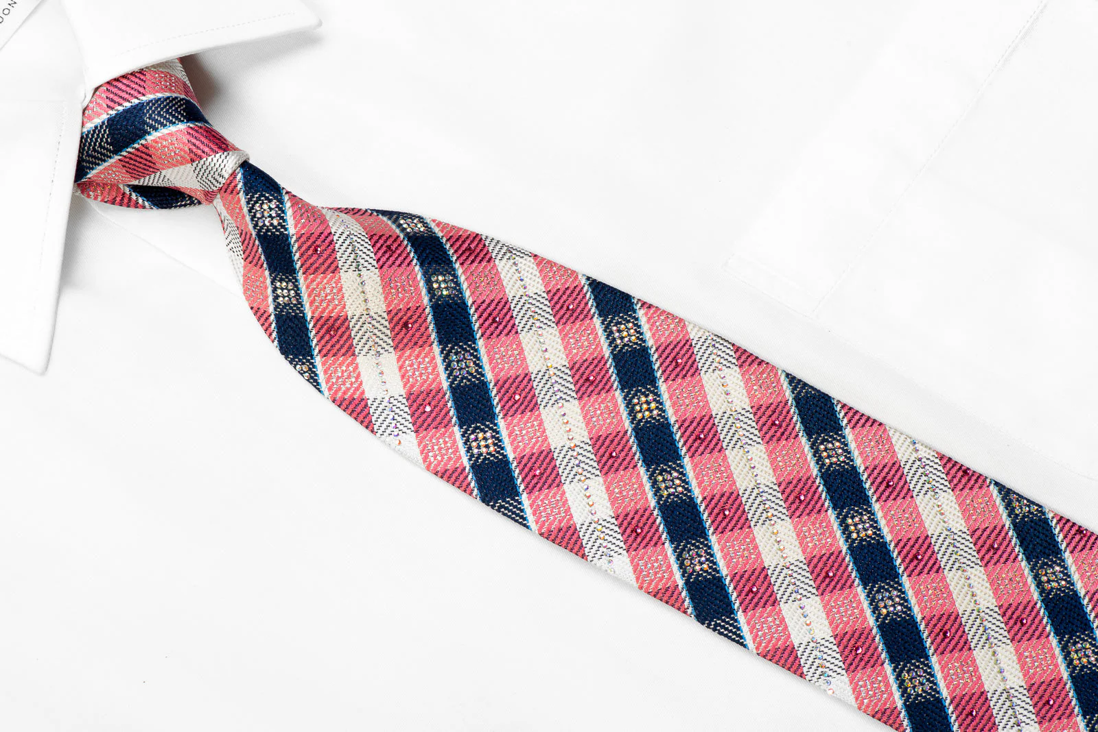 Daks Rhinestone Silk Necktie Pink Blue White Plaid With Silver Sparkles - Image 2