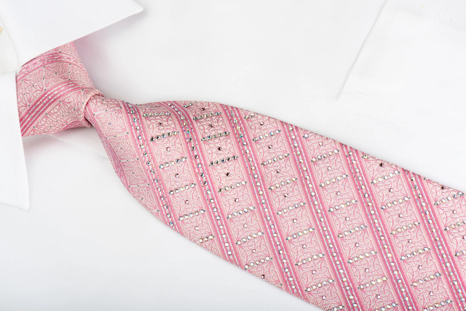 Daks Rhinestone Silk Necktie Pink Striped With Silver Sparkles - Image 3