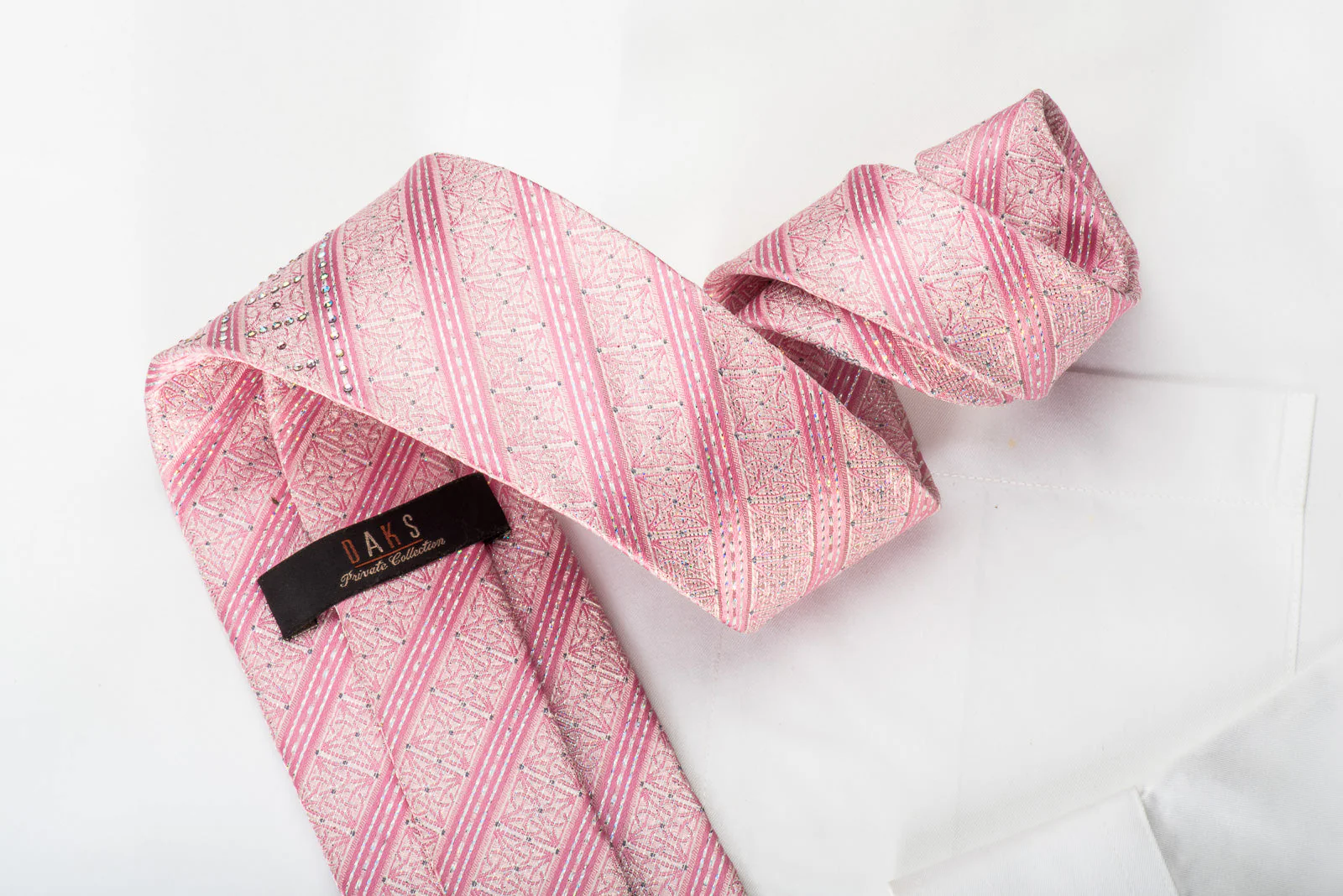 Daks Rhinestone Silk Necktie Pink Striped With Silver Sparkles - Image 5