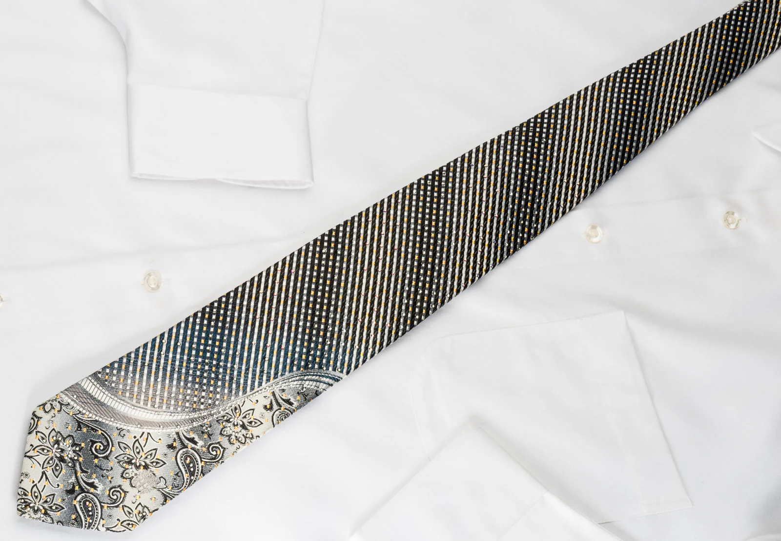 Daks Rhinestone Silk Necktie Silver Charcoal Black Striped With Golden Sparkles - Image 4