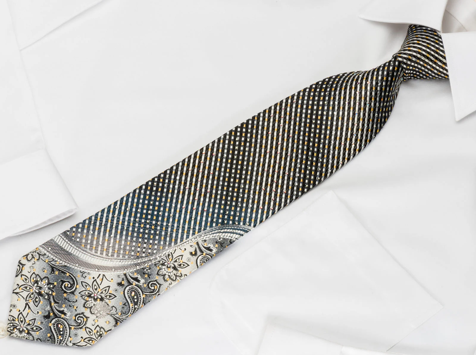 Daks Rhinestone Silk Necktie Silver Charcoal Black Striped With Golden Sparkles - Image 6