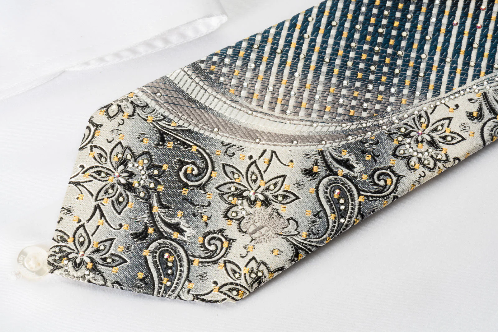 Daks Rhinestone Silk Necktie Silver Charcoal Black Striped With Golden Sparkles - Image 7