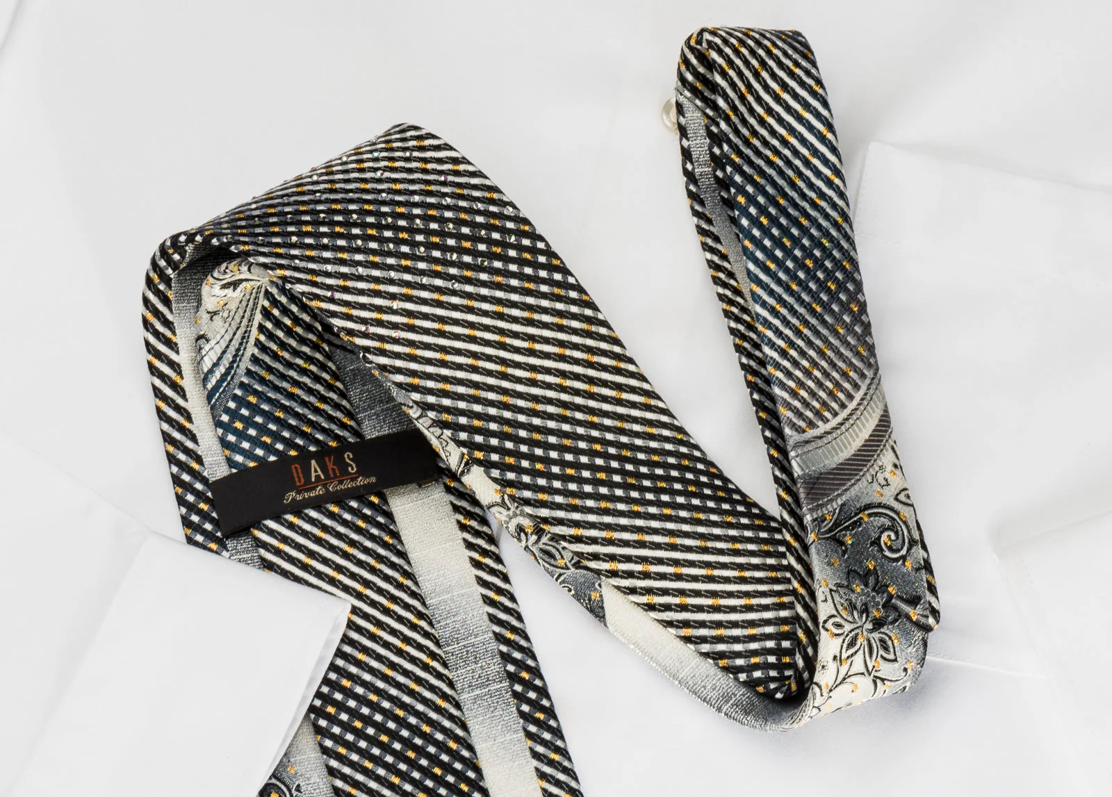 Daks Rhinestone Silk Necktie Silver Charcoal Black Striped With Golden Sparkles - Image 8