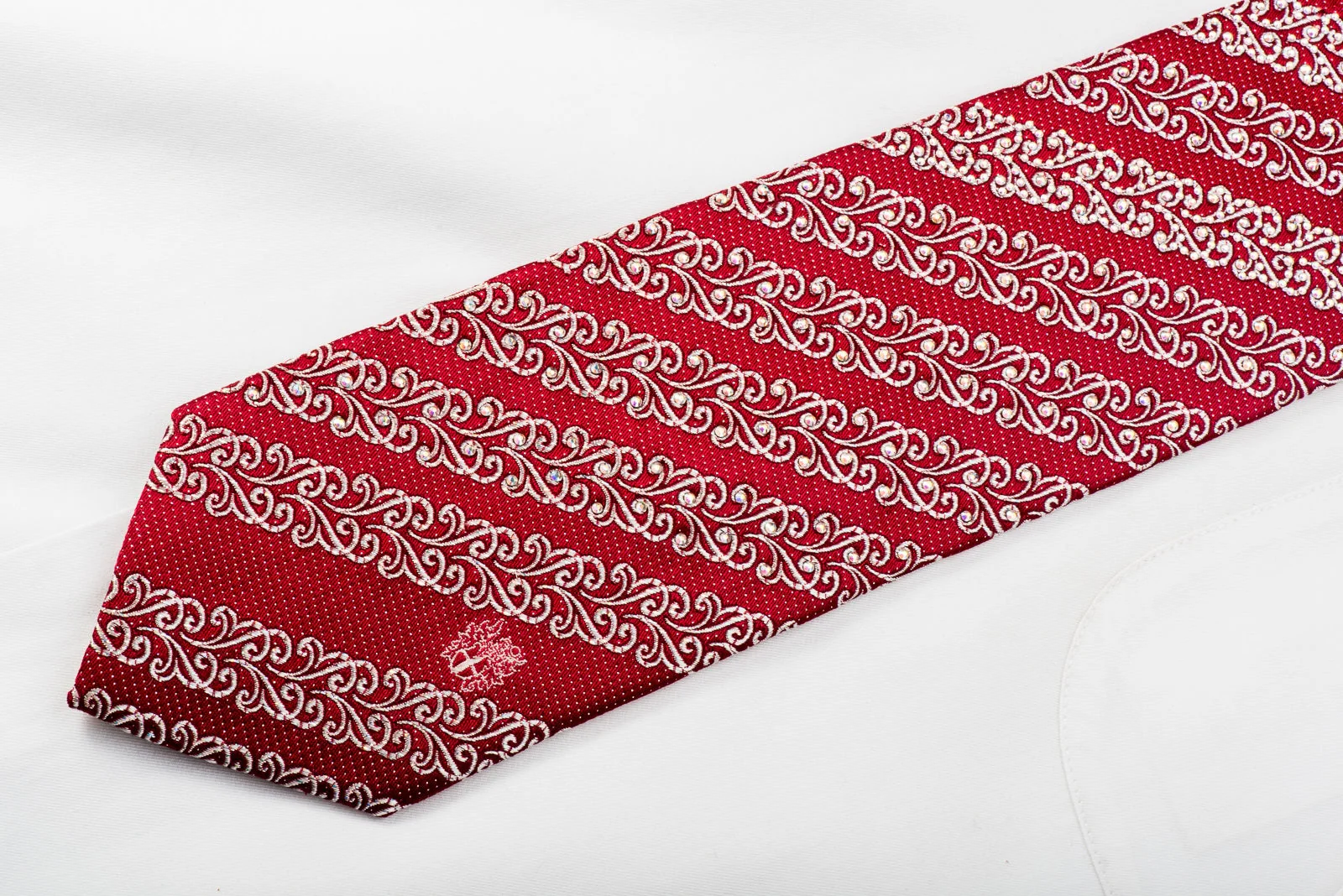 Rhinestone Silk Necktie Silver Filigree Stripes On Burgundy Red With Sparkles - Image 3