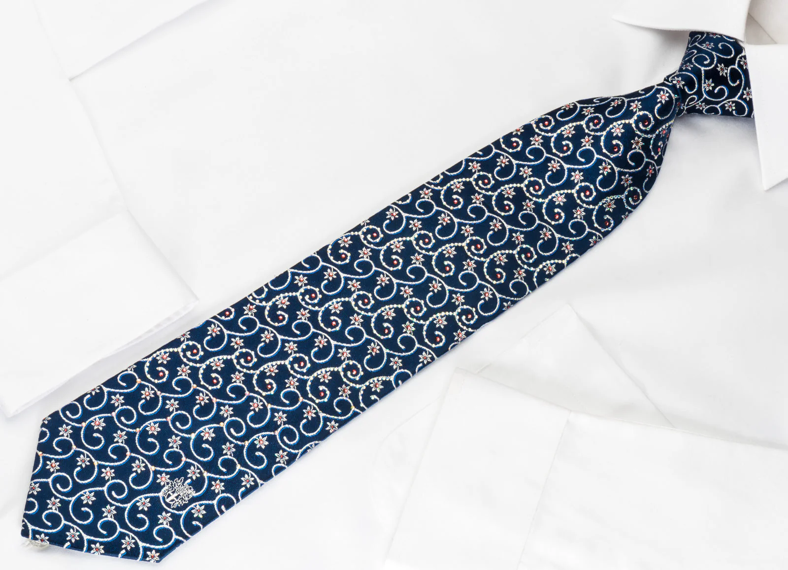 Daks Rhinestone Silk Necktie Silver Floral Scrolls On Blue With Silver Sparkles - Image 3