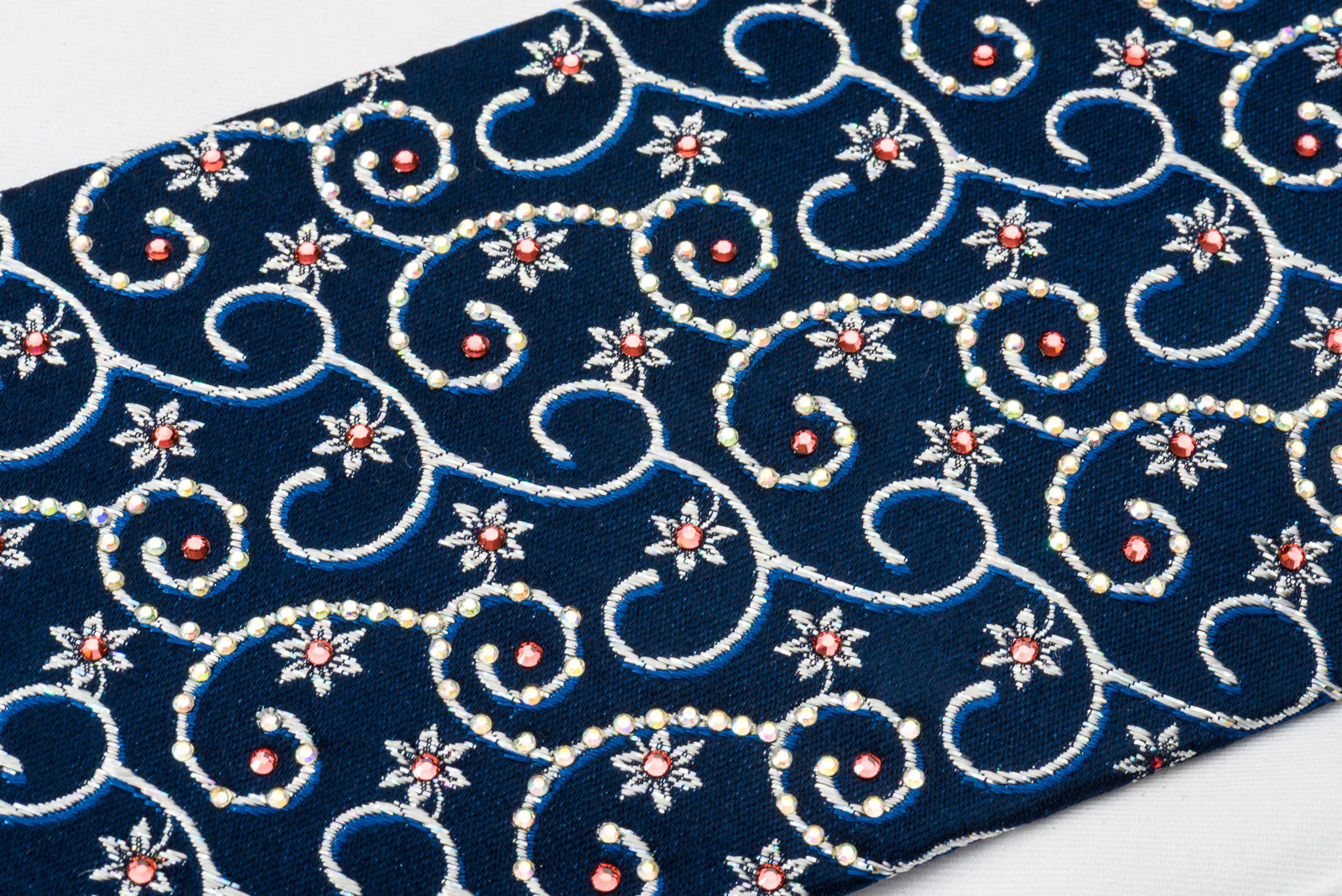 Daks Rhinestone Silk Necktie Silver Floral Scrolls On Blue With Silver Sparkles - Image 5