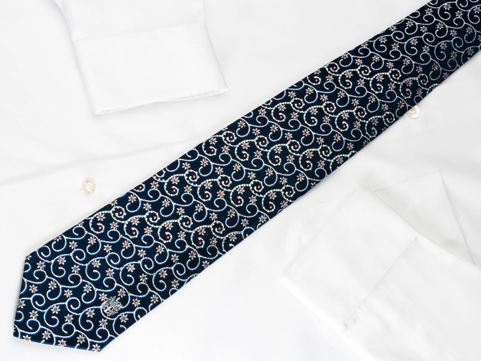 Daks Rhinestone Silk Necktie Silver Floral Scrolls On Blue With Silver Sparkles - Image 8