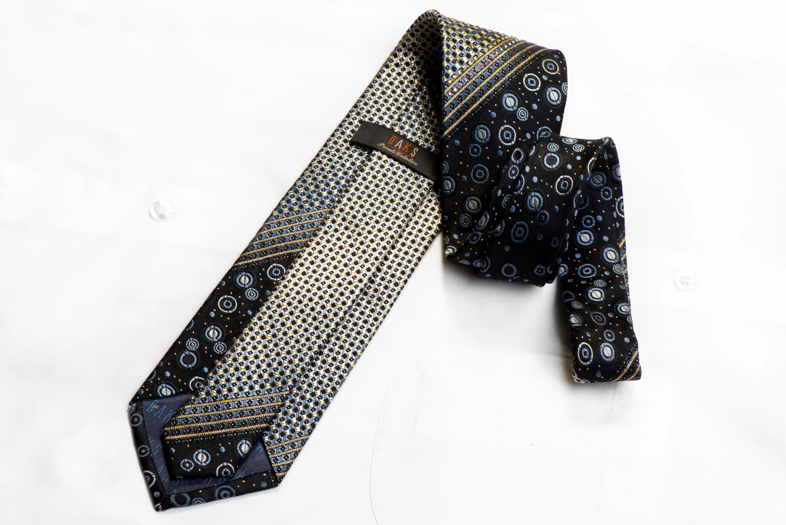Silver Geometric Gold Striped On Black With Sparkles Rhinestone Silk Necktie - Image 5