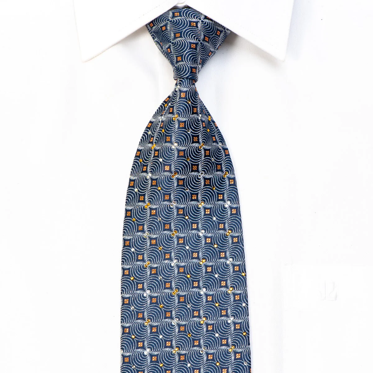 Rhinestone Silk Necktie Silver Geometric On Navy With Orange Sparkles