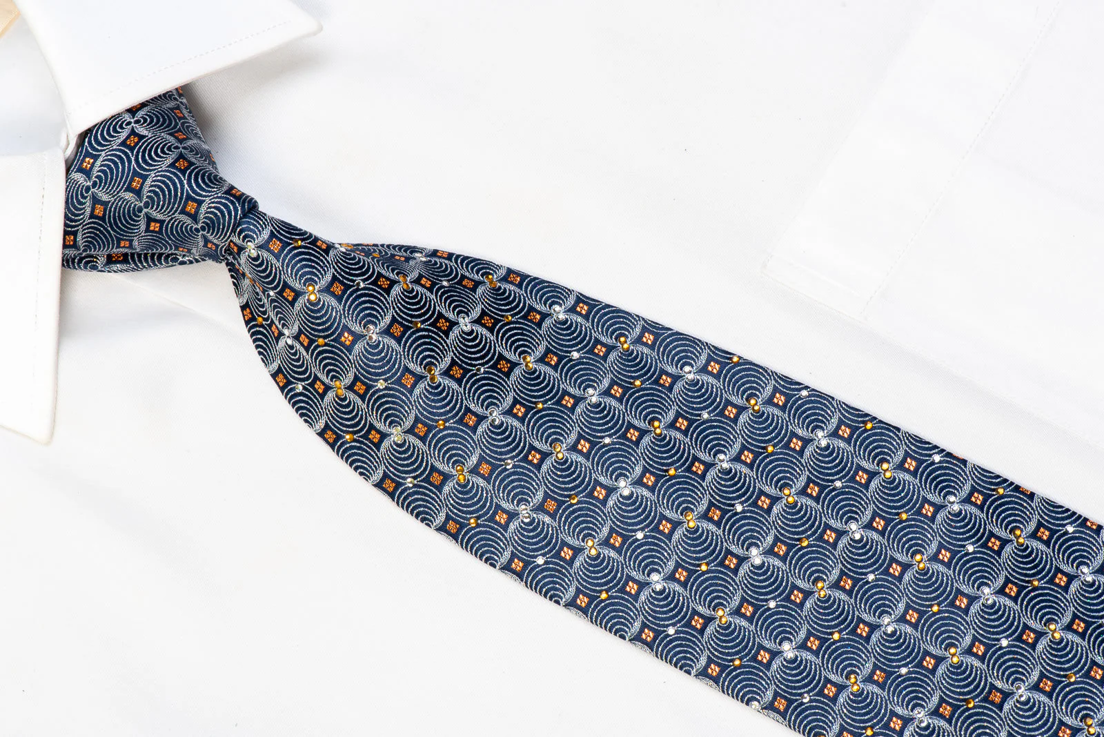 Rhinestone Silk Necktie Silver Geometric On Navy With Orange Sparkles - Image 2