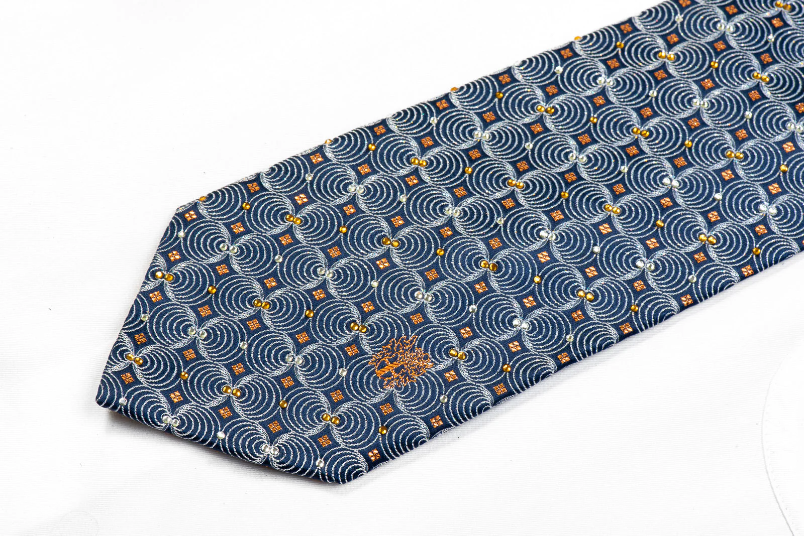 Rhinestone Silk Necktie Silver Geometric On Navy With Orange Sparkles - Image 3