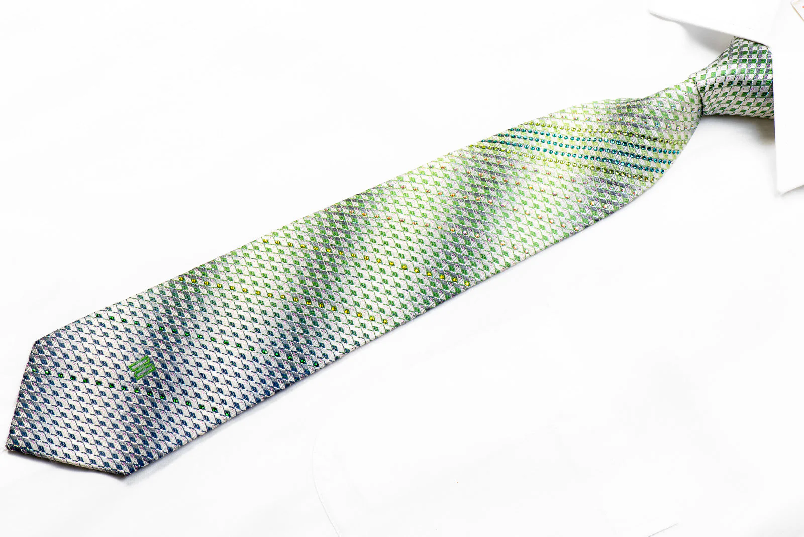 Silver Green Geometric With Sparkles Rhinestone Silk Necktie - Image 3