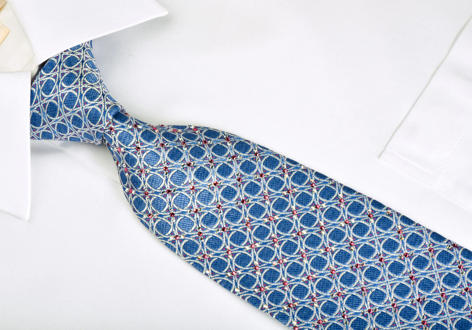 Daks Rhinestone Silk Necktie Silver Trellis On Blue With Silver Sparkles - Image 5