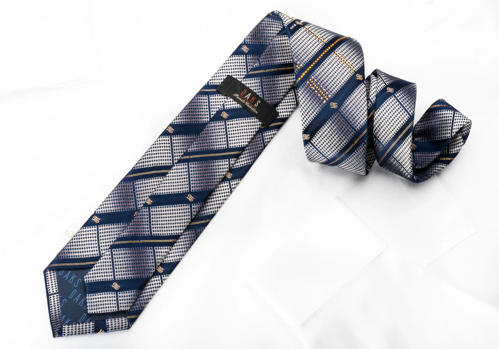 Rhinestone Silk Necktie Stripes On Teal With Red Gold Sparkles - Image 5