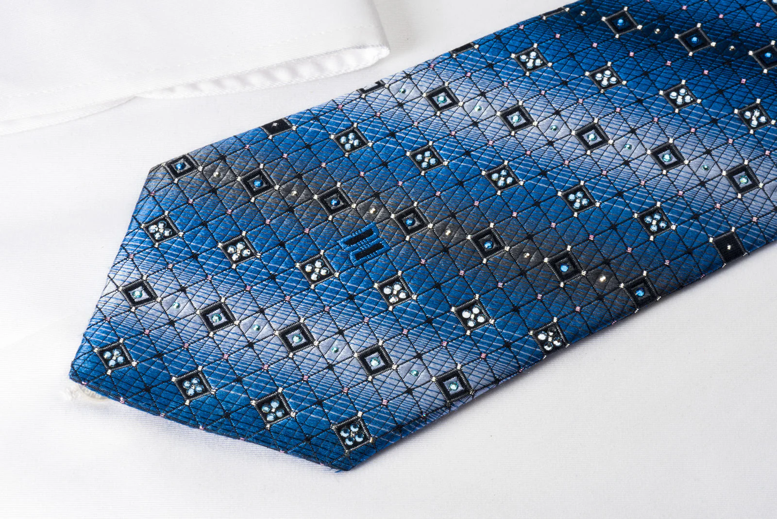 Daks Rhinestone Silk Necktie Trellis On Blue With Silver Sparkles - Image 3