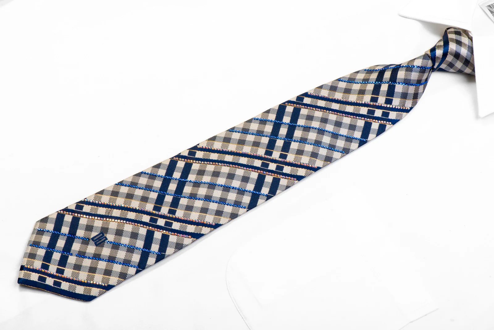 Blue Silver Plaids Rhinestone Silk Tie With Gold Sparkles - Image 3