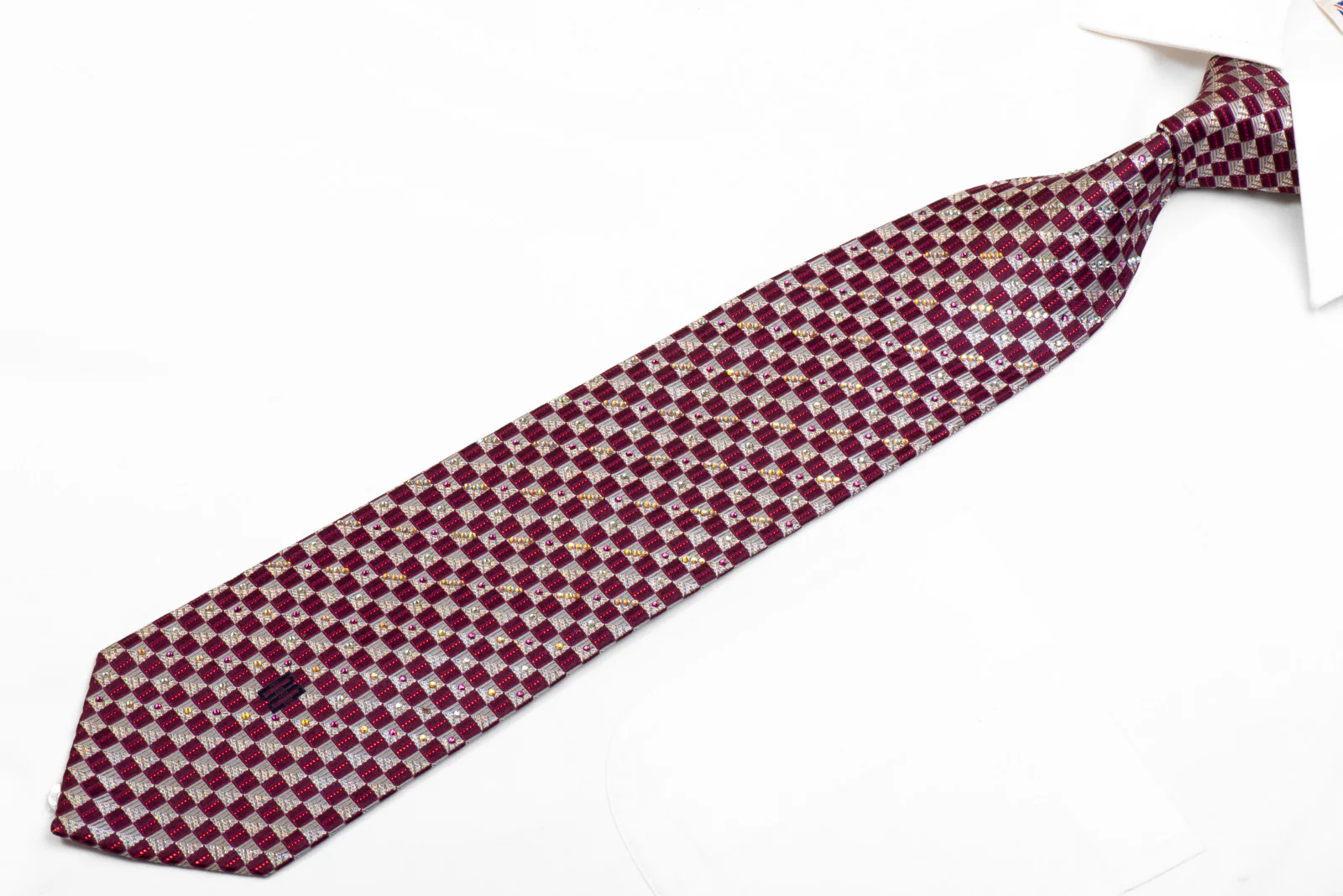 Rhinestone Silk Tie Burgundy Silver Checkered With Sparkles - Image 3