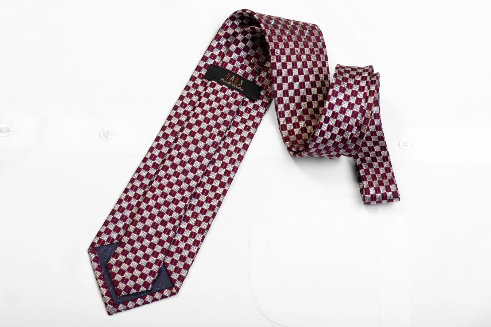 Rhinestone Silk Tie Burgundy Silver Checkered With Sparkles - Image 4