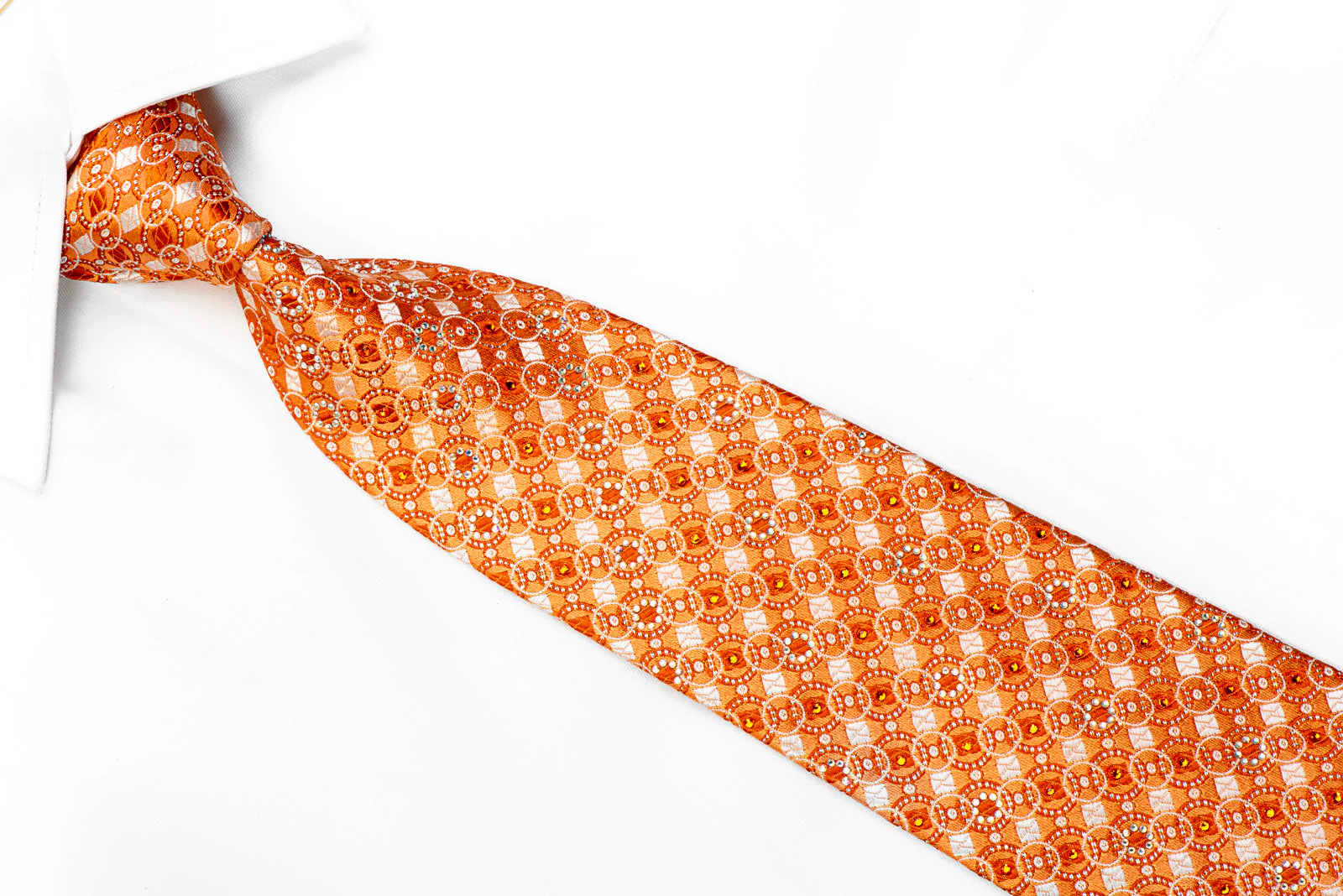 Daks Geometric On Orange With Silver Sparkles Rhinestone Silk Tie - Image 2